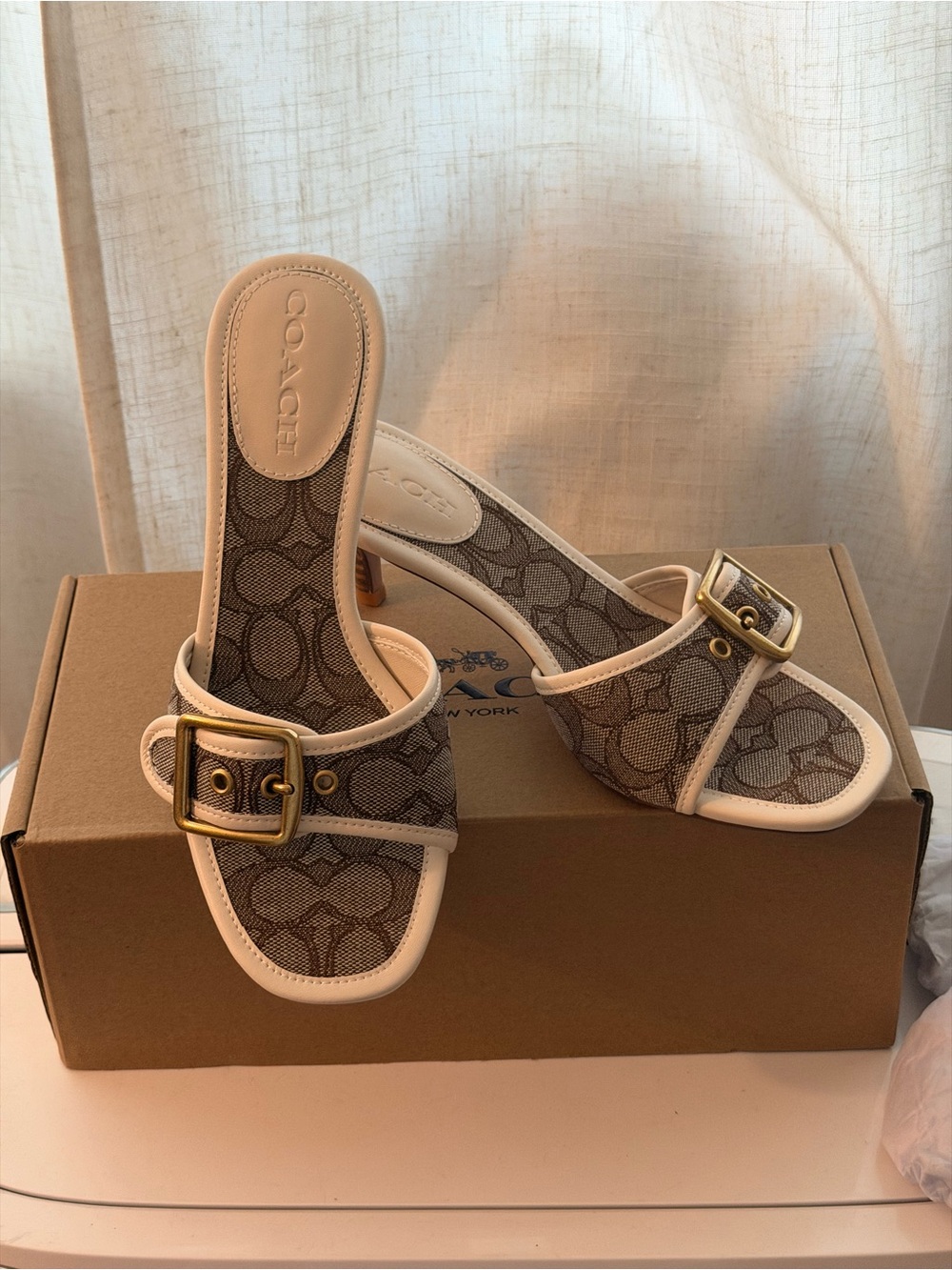 Coach beige Signature Canvas Slide Mules with Gold Buckle